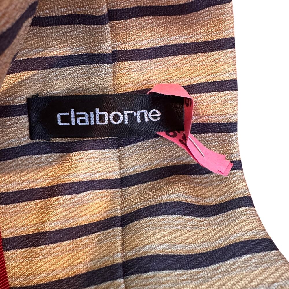 100% Silk Men's Tie Regular Claiborne Black and Beige Stripe
